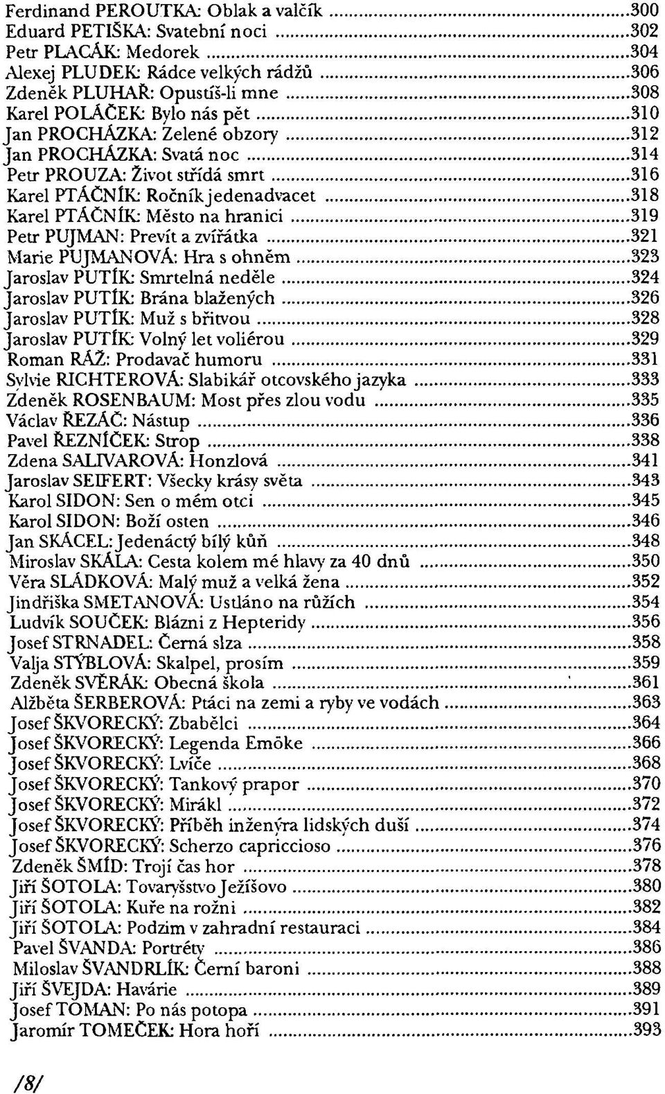 zvířátka 321 Marie PUJMANOVÁ: Hra s ohněm 323 Jaroslav PUTÍK Smrtelná neděle 324 Jaroslav PUTÍK: Brána blažených 326 Jaroslav PUTÍK: Muž s břitvou 328 Jaroslav PUTÍK: Volný let voliérou 329 Roman