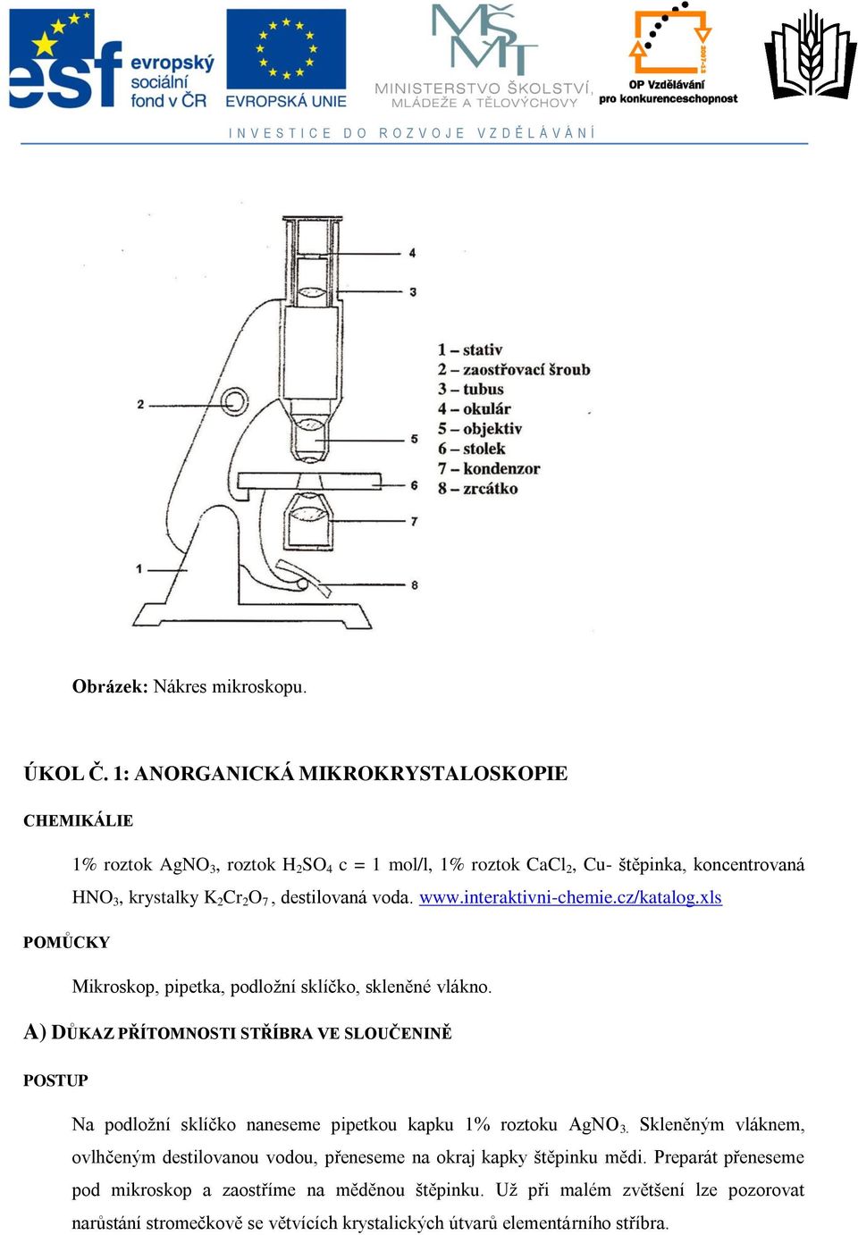 destilovaná voda. www.interaktivni-chemie.cz/katalog.xls POMŮCKY Mikroskop, pipetka, podložní sklíčko, skleněné vlákno.