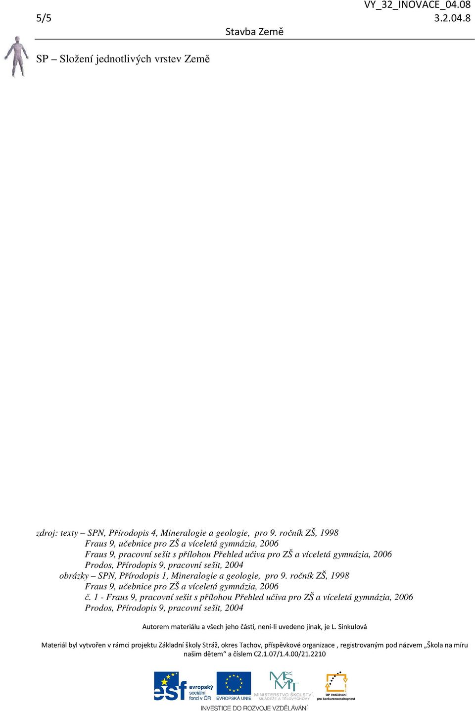 gymnázia, 2006 Prodos, Přírodopis 9, pracovní sešit, 2004 obrázky SPN, Přírodopis 1, Mineralogie a geologie, pro 9.