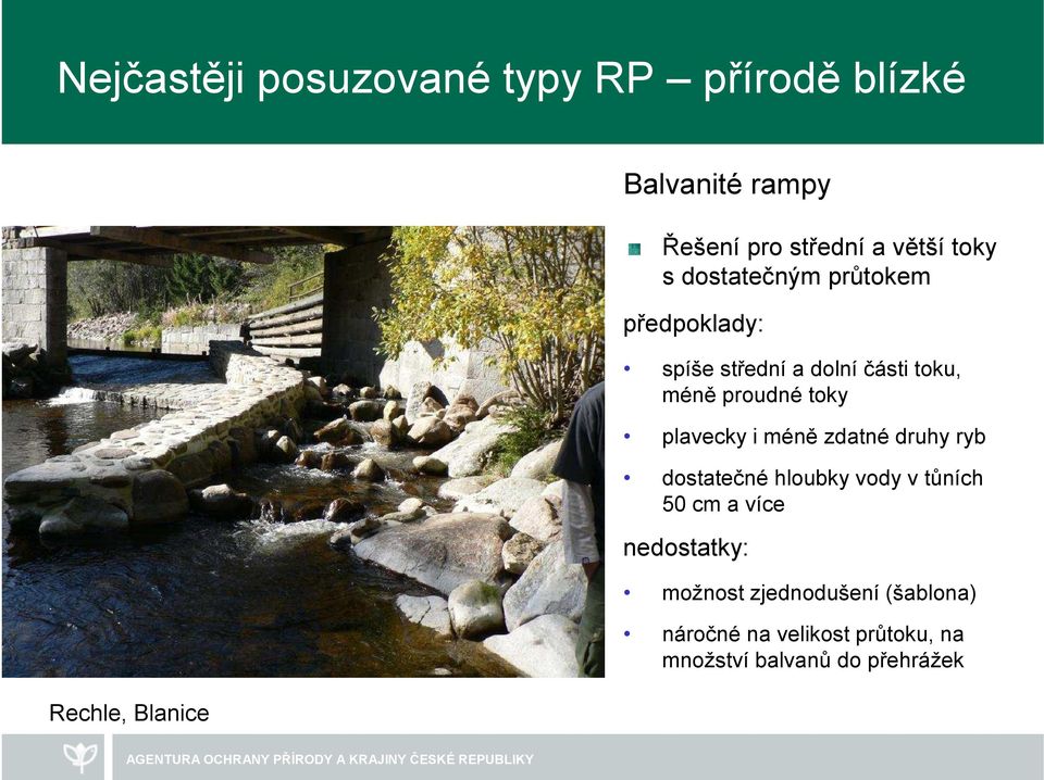 méně proudné toky plavecky i méně zdatné druhy ryb dostatečné hloubky vody v tůních 50 cm a