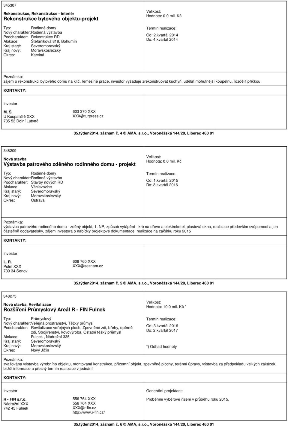 kvartál 2014 zájem o rekonstrukci bytového domu na klíč, řemeslné práce, investor vyžaduje zrekonstruovat kuchyň, udělat mohutnější koupelnu, rozdělit příčkou M. Š.