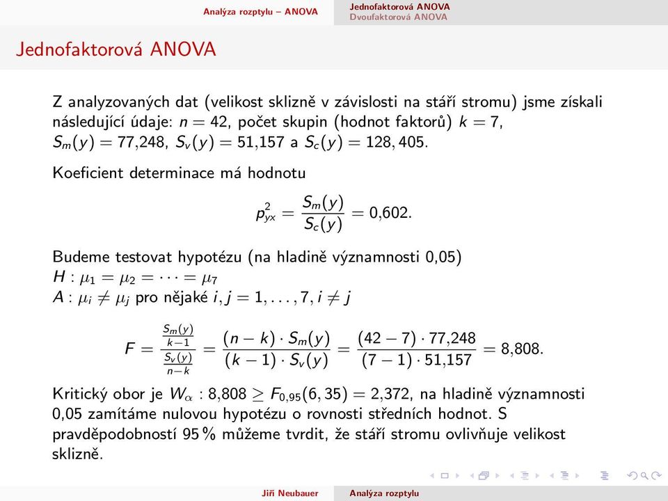 Budeme testovat hypotézu (na hladině významnosti 0,05) H : µ 1 = µ 2 = = µ 7 A : µ i µ j pro nějaké i, j = 1,.