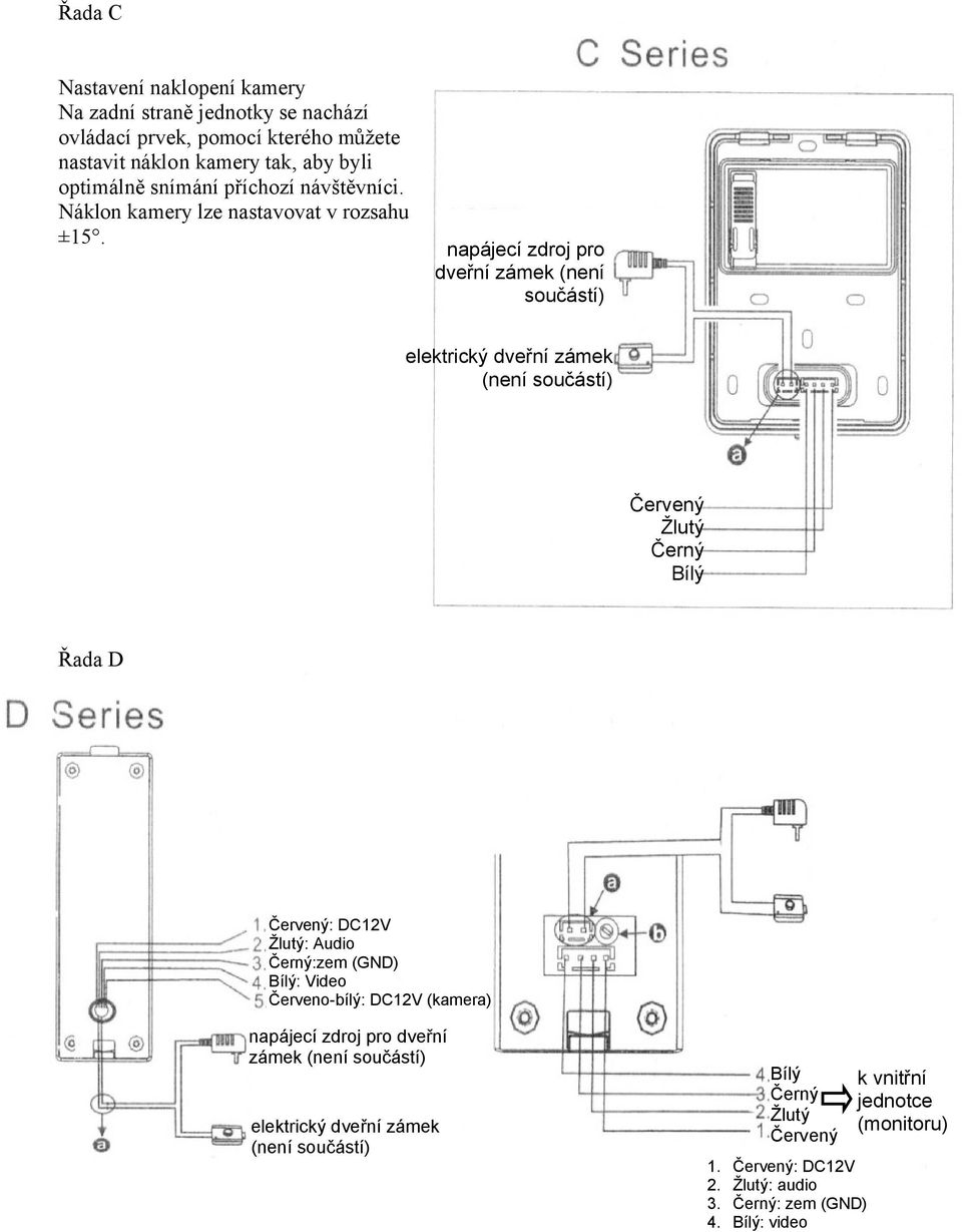 napájecí zdroj pro dveřní zámek (není součástí) Červený Žlutý Černý Bílý Řada D Červený: DC12V Žlutý: Audio Černý:zem (GND) Bílý: Video