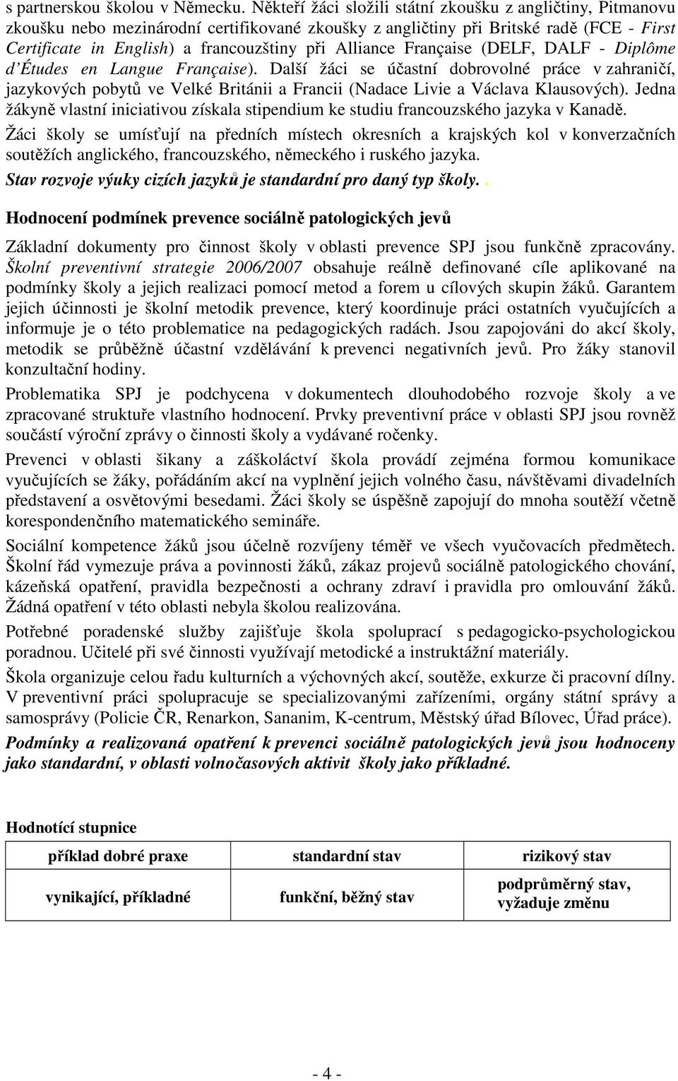 Française (DELF, DALF - Diplôme d Études en Langue Française). Další žáci se úastní dobrovolné práce v zahranií, jazykových pobyt ve Velké Británii a Francii (Nadace Livie a Václava Klausových).