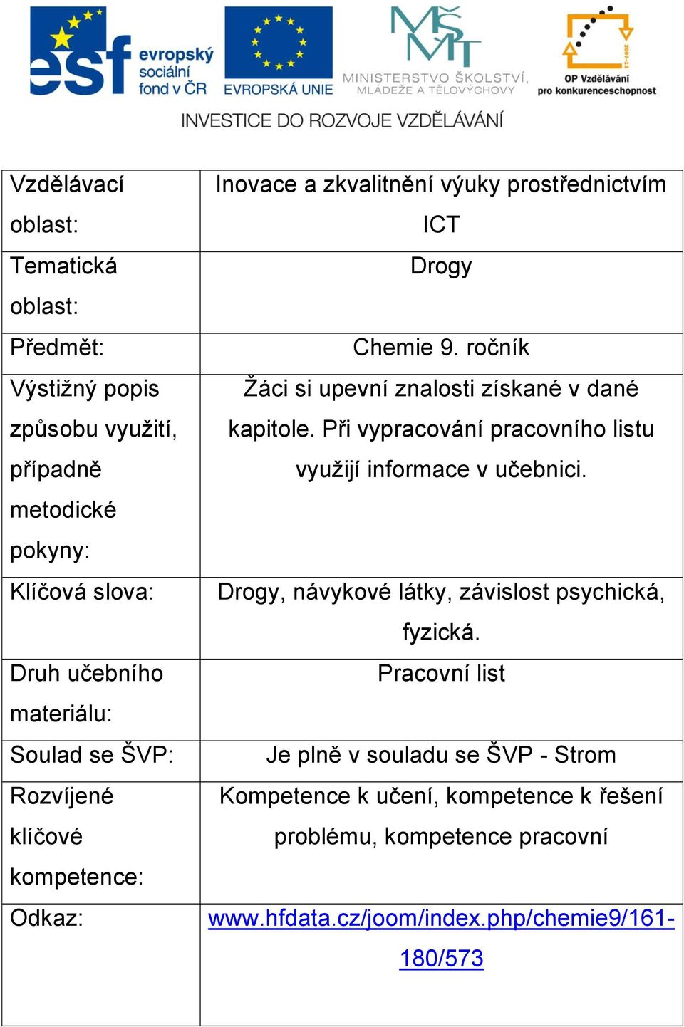 ročník Žáci si upevní znalosti získané v dané kapitole. Při vypracování pracovního listu využijí informace v učebnici.