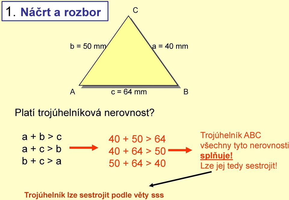 a + b > c a + c > b b + c > a 40 + 50 > 64 40 + 64 > 50 50 + 64 >