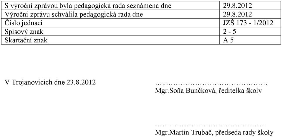 2012 Číslo jednací JZŠ 173-1/2012 Spisový znak 2-5 Skartační znak A 5 V