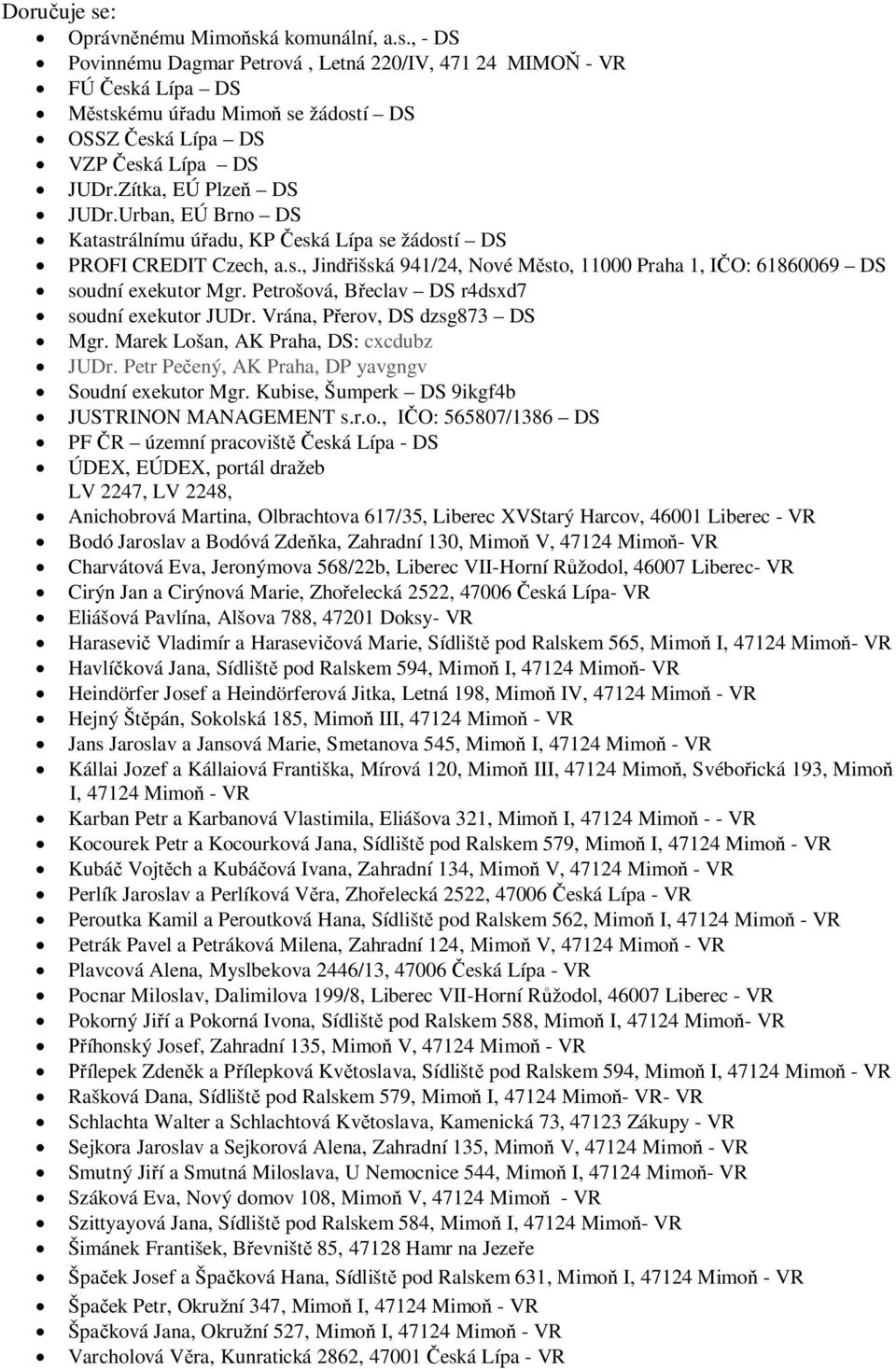 Petrošová, Břeclav DS r4dsxd7 soudní exekutor JUDr. Vrána, Přerov, DS dzsg873 DS Mgr. Marek Lošan, AK Praha, DS: cxcdubz JUDr. Petr Pečený, AK Praha, DP yavgngv Soudní exekutor Mgr.