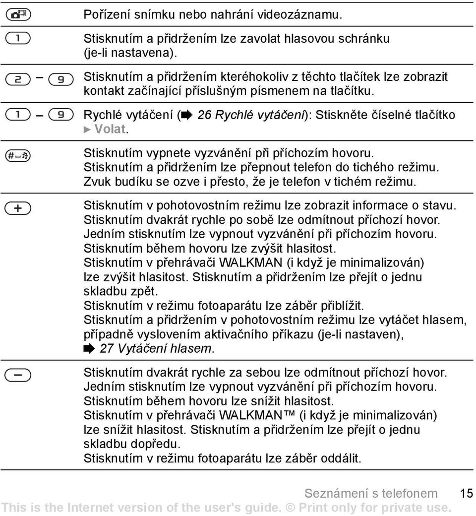 Stisknutím vypnete vyzvánění při příchozím hovoru. Stisknutím a přidržením lze přepnout telefon do tichého režimu. Zvuk budíku se ozve i přesto, že je telefon v tichém režimu.