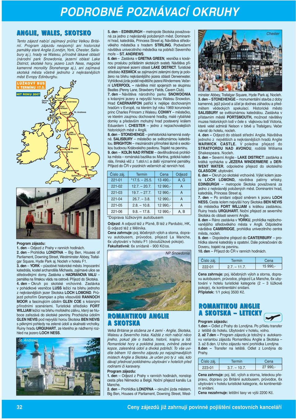 ), hrady ve Walesu, přírodně lákavé oblasti (národní park Snowdonia, jezerní oblast Lake District, skotské hory, jezero Loch Ness, magické kamenné monolity Stonehenge aj.