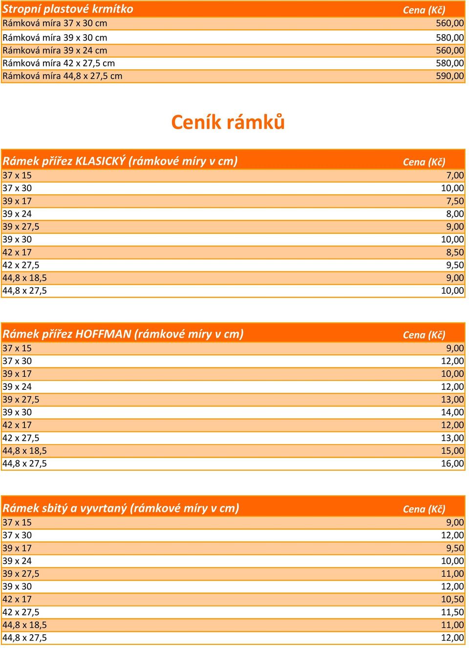 Rámek přířez HOFFMAN (rámkové míry v cm) 37 x 15 9,00 37 x 30 12,00 39 x 17 10,00 39 x 24 12,00 39 x 27,5 13,00 39 x 30 14,00 42 x 17 12,00 42 x 27,5 13,00 44,8 x 18,5 15,00 44,8 x 27,5 16,00