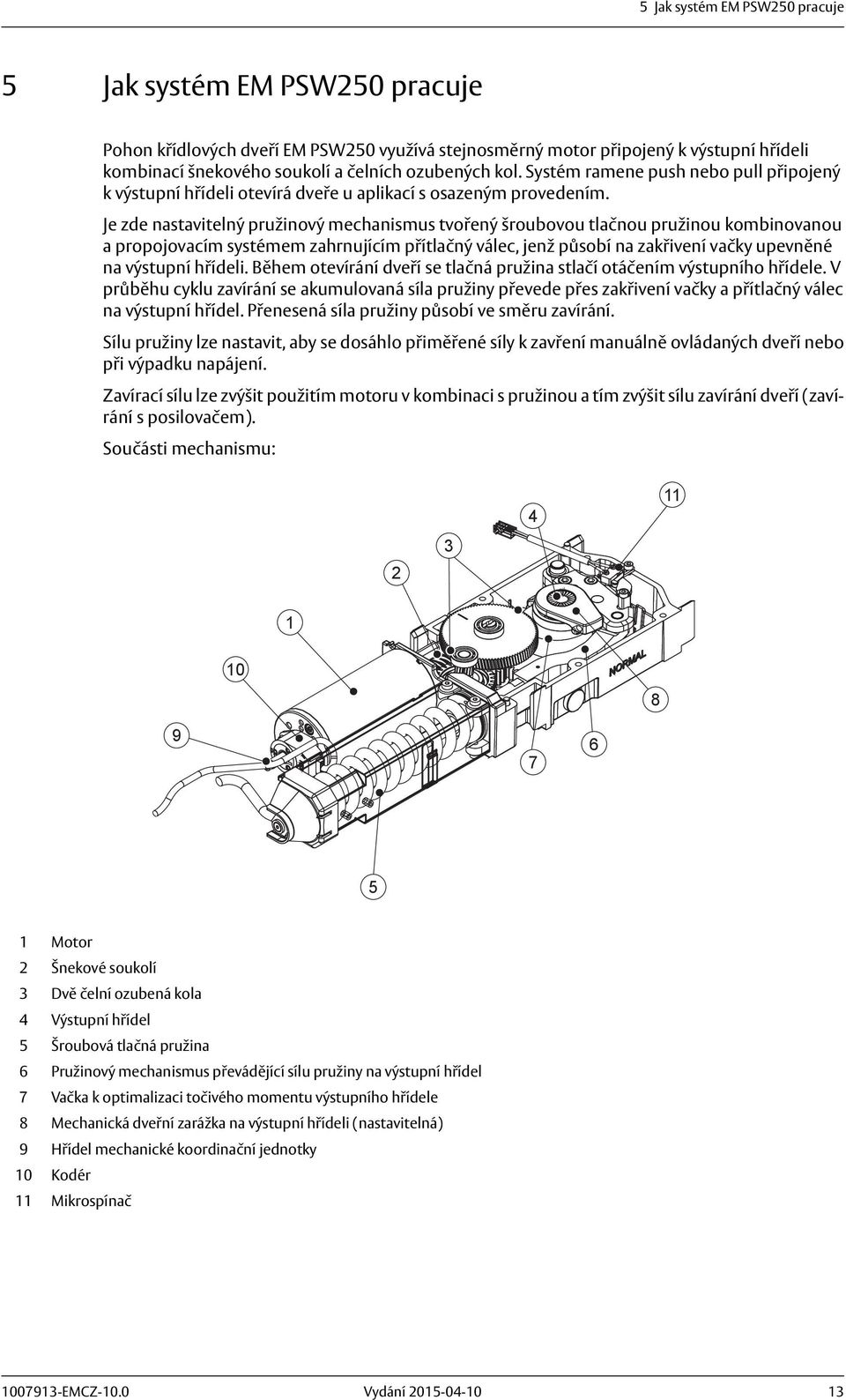 Je zde nastavitelný pružinový mechanismus tvořený šroubovou tlačnou pružinou kombinovanou a propojovacím systémem zahrnujícím přítlačný válec, jenž působí na zakřivení vačky upevněné na výstupní