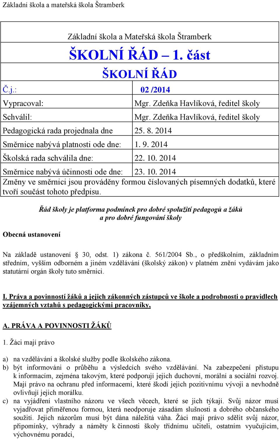 Zdeňka Havlíková, ředitel školy Směrnice nabývá účinnosti ode dne: 23. 10. 2014 Změny ve směrnici jsou prováděny formou číslovaných písemných dodatků, které tvoří součást tohoto předpisu.