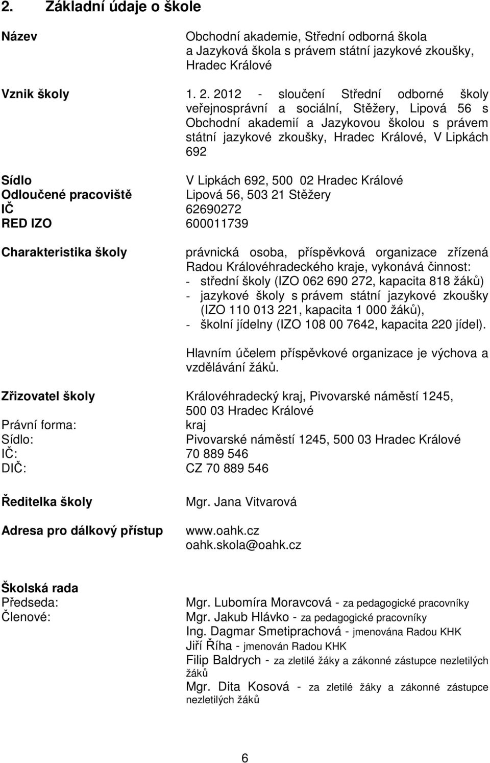 Lipkách 692, 500 02 Hradec Králové Odloučené pracoviště Lipová 56, 503 21 Stěžery IČ 62690272 RED IZO 600011739 Charakteristika školy právnická osoba, příspěvková organizace zřízená Radou