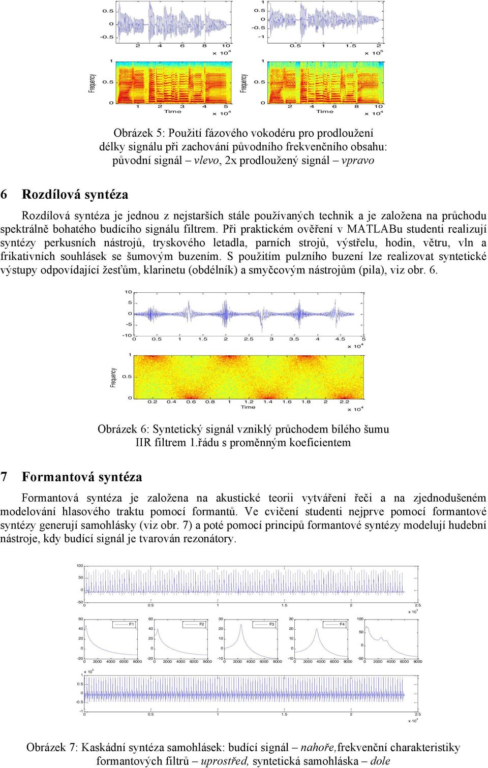 Při praktickém ověření v MATLABu studenti realizují syntézy perkusních nástrojů, tryskového letadla, parních strojů, výstřelu, hodin, větru, vln a frikativních souhlásek se šumovým buzením.