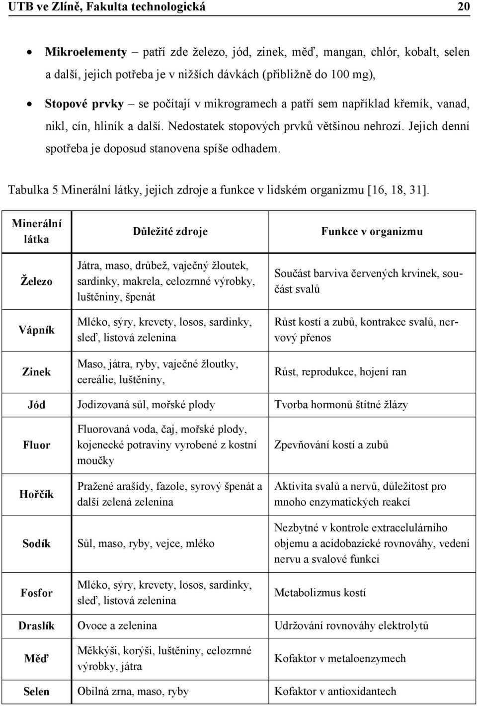 Tabulka 5 Minerální látky, jejich zdroje a funkce v lidském organizmu [16, 18, 31].