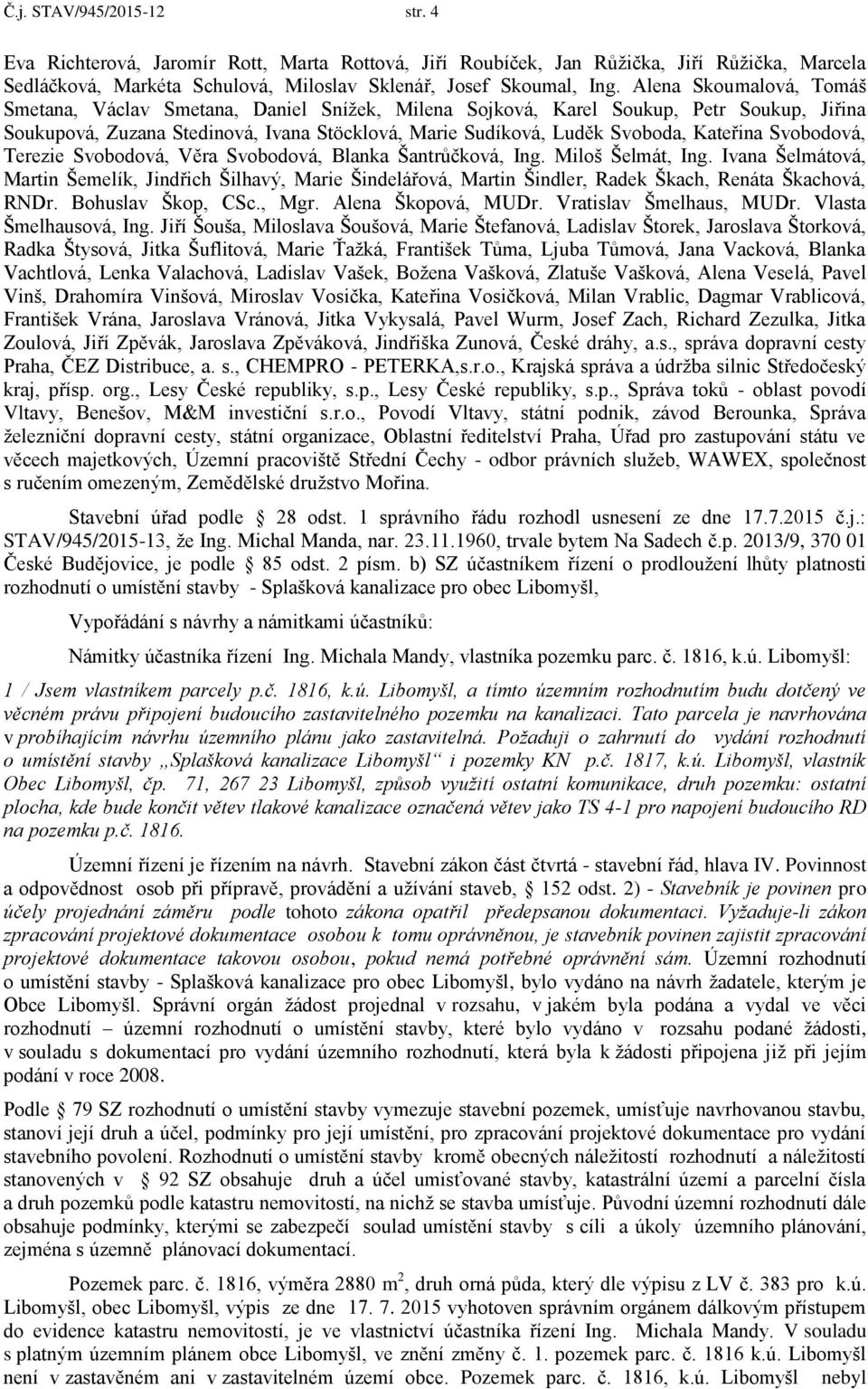 Svobodová, Terezie Svobodová, Věra Svobodová, Blanka Šantrůčková, Ing. Miloš Šelmát, Ing.