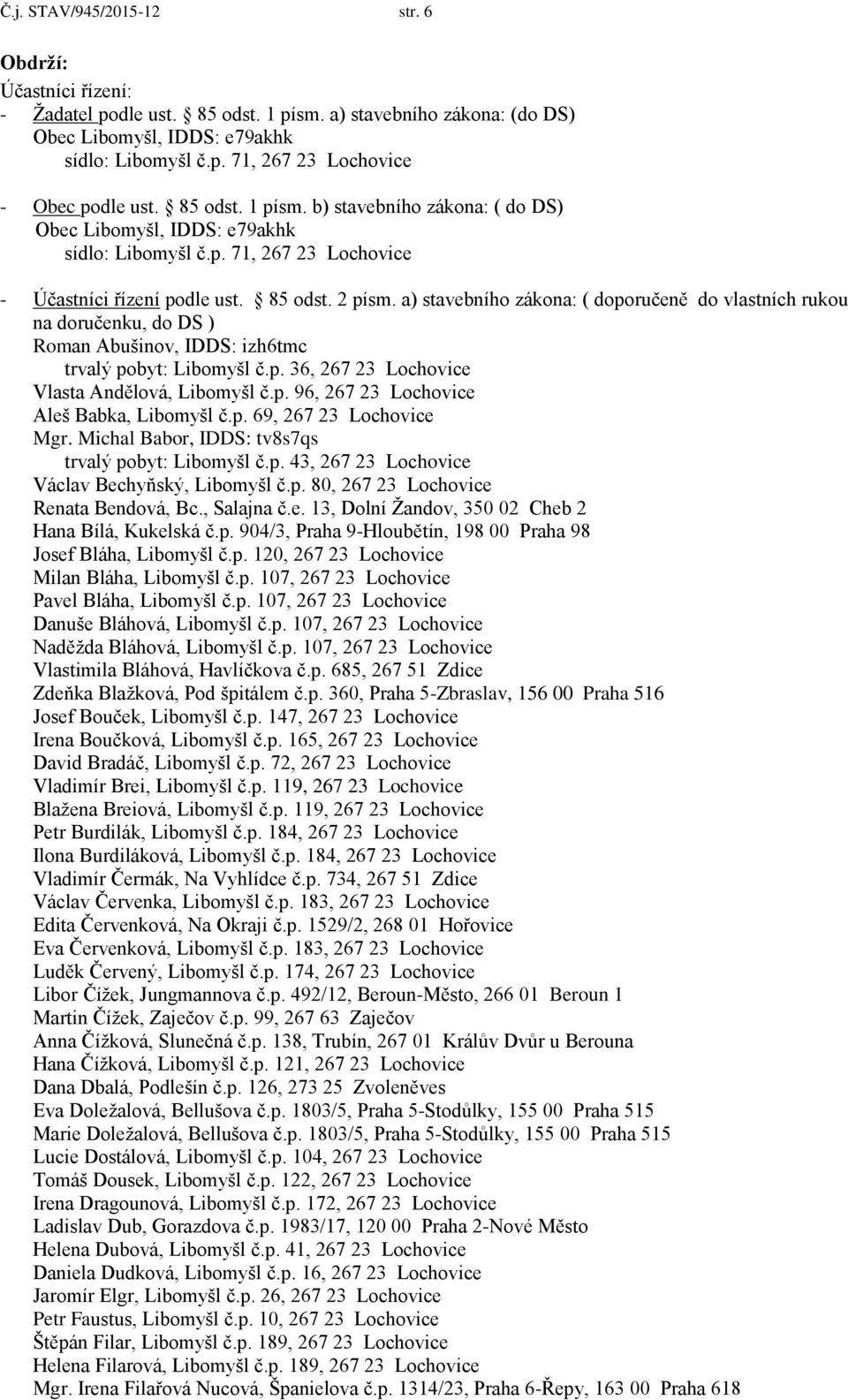 a) stavebního zákona: ( doporučeně do vlastních rukou na doručenku, do DS ) Roman Abušinov, IDDS: izh6tmc trvalý pobyt: Libomyšl č.p. 36, 267 23 Lochovice Vlasta Andělová, Libomyšl č.p. 96, 267 23 Lochovice Aleš Babka, Libomyšl č.