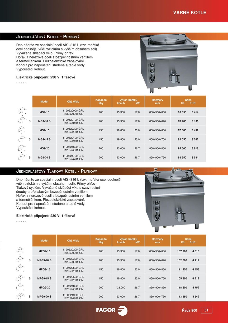 Elektrické připojení: 230 V, 1 fázové Kapacita litry Výkon hořáků kcal/h MG9-10 1120520000 GL 1120520001 GN 100 15.300 17,8 850 900 850 85 350 3 414 S MG9-10 S 1120520100 GL 1120520101 GN 100 15.