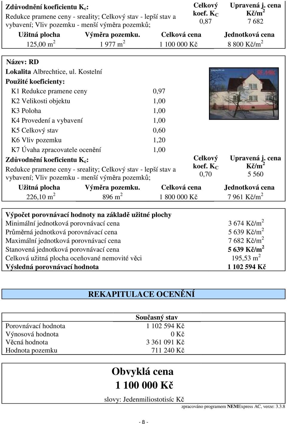 Kostelní Použité koeficienty: K1 Redukce pramene ceny 0,97 K2 Velikosti objektu 1,00 K3 Poloha 1,00 K4 Provedení a vybavení 1,00 K5 Celkový stav 0,60 K6 Vliv pozemku 1,20 K7 Úvaha zpracovatele