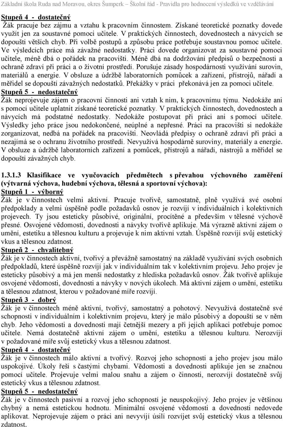 Práci dovede organizovat za soustavné pomoci učitele, méně dbá o pořádek na pracovišti. Méně dbá na dodržování předpisů o bezpečnosti a ochraně zdraví při práci a o životní prostředí.