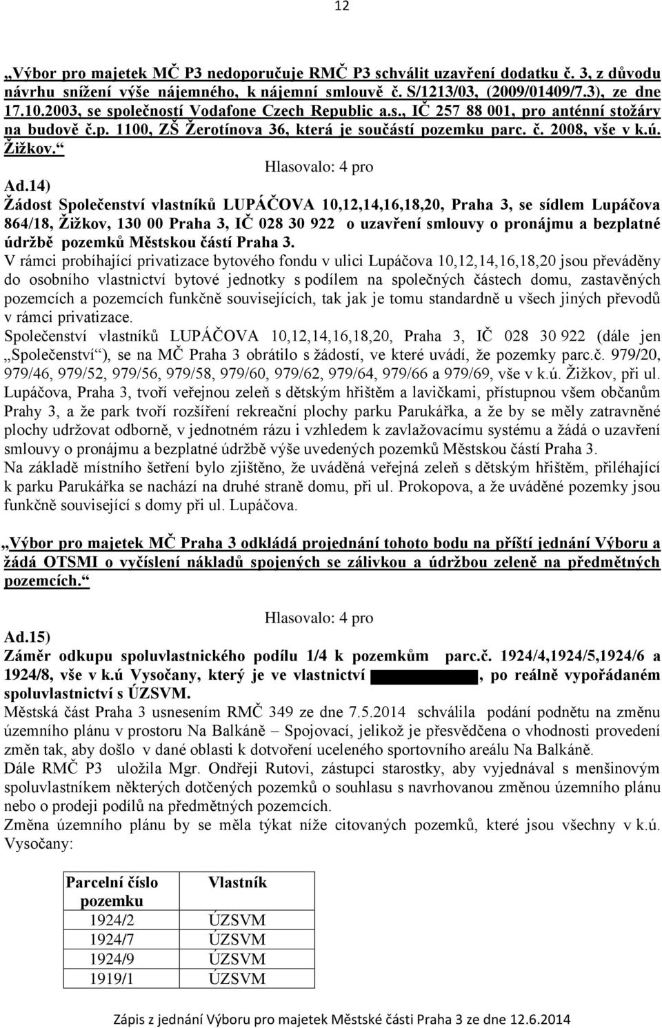 14) Žádost Společenství vlastníků LUPÁČOVA 10,12,14,16,18,20, Praha 3, se sídlem Lupáčova 864/18, Žižkov, 130 00 Praha 3, IČ 028 30 922 o uzavření smlouvy o pronájmu a bezplatné údržbě pozemků