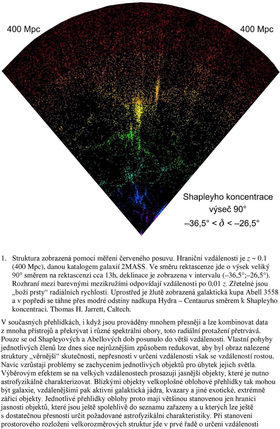 Zřetelné jsou boží prsty radiálních rychlostí. Uprostřed je žlutě zobrazená galaktická kupa Abell 3558 a v popředí se táhne přes modré odstíny nadkupa Hydra Centaurus směrem k Shapleyho koncentraci.