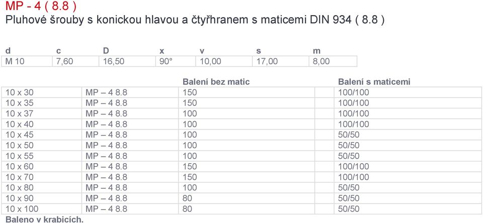 8 150 100/100 10 x 35 MP 4 8.8 150 100/100 10 x 37 MP 4 8.8 100 100/100 10 x 40 MP 4 8.8 100 100/100 10 x 45 MP 4 8.