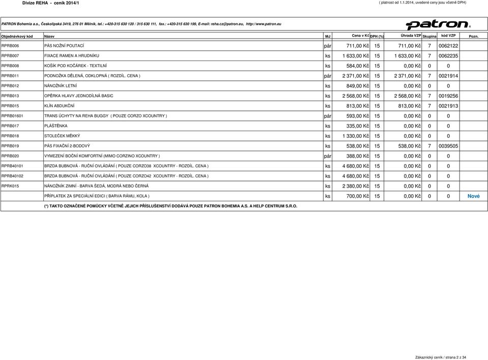 CENA ) pár 2 371,00 Kč 15 2 371,00 Kč 7 0021914 RPRB012 NÁNOŽNÍK LETNÍ ks 849,00 Kč 15 0,00 Kč RPRB013 OPĚRKA HLAVY JEDNODÍLNÁ BASIC ks 2 568,00 Kč 15 2 568,00 Kč 7 0019256 RPRB015 KLÍN ABDUKČNÍ ks