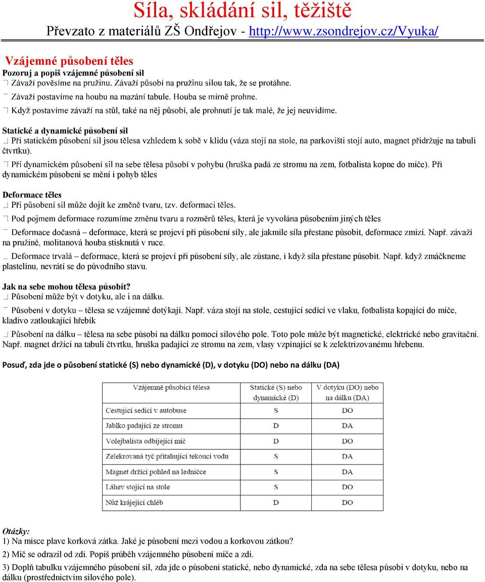 Při žuje na tabuli Deformace těles a působením jiných těles deformace, která se projeví při působení síly, ale jakmile síla přestane působit, deformace zmizí. Např.