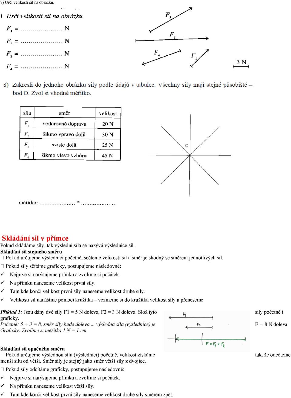 Velikosti sil nanášíme pomocí kružítka vezmeme si do kružítka velikost síly a přeneseme Příklad 1: Jsou dány dvě síly F1 = 5 N doleva, F2 = 3 N doleva. Slož tyto graficky.