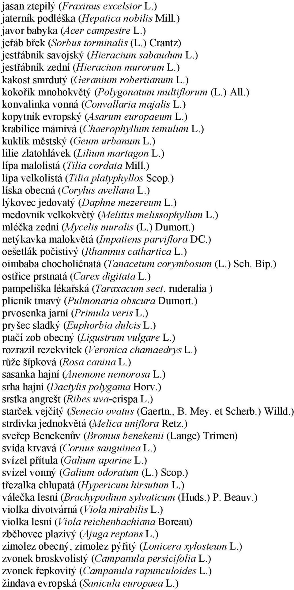 ) kopytník evropský (Asarum europaeum L.) krabilice mámivá (Chaerophyllum temulum L.) kuklík městský (Geum urbanum L.) lilie zlatohlávek (Lilium martagon L.) lípa malolistá (Tilia cordata Mill.