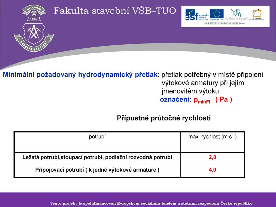 s -1 ) Ležatá potrubí,stoupací potrubí, podlažní rozvodná potrubí 2,0 Připojovací potrubí ( k jedné výtokové armatuře ) 4,0 Tento