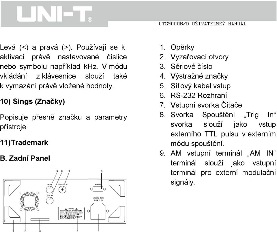 11) Trademark B. Zadní Panel 1. Opěrky 2. Vyzařovací otvory 3. Sériové číslo 4. Výstražné značky 5. Síťový kabel vstup 6. RS-232 Rozhraní 7.