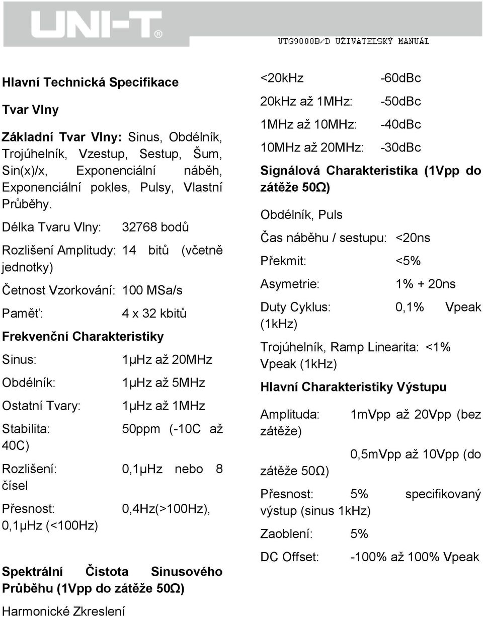 40C) 1µHz až 20MHz 1µHz až 5MHz 1µHz až 1MHz 50ppm (-10C až Rozlišení: 0,1µHz nebo 8 čísel Přesnost: 0,1µHz (<100Hz) 0,4Hz(>100Hz), Spektrální Čistota Sinusového Průběhu (1Vpp do zátěže 50Ω)