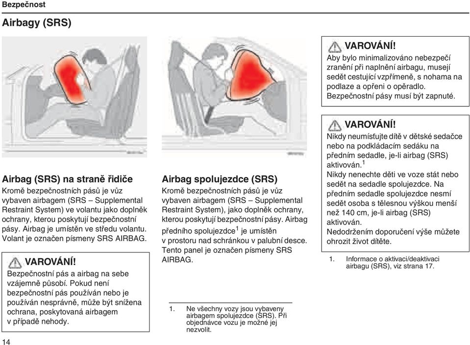 Airbag (SRS) na straně řidiče Kromě bezpečnostních pásů je vůz vybaven airbagem (SRS Supplemental Restraint System) ve volantu jako doplněk ochrany, kterou poskytují bezpečnostní pásy.