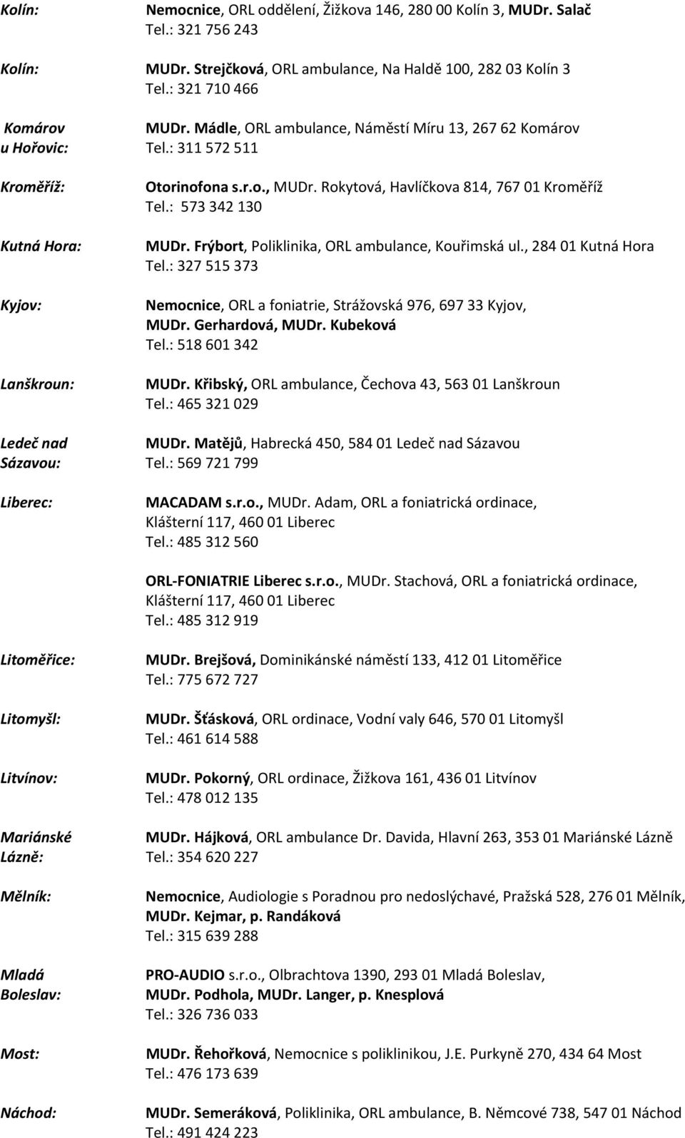 : 573 342 130 MUDr. Frýbort, Poliklinika, ORL ambulance, Kouřimská ul., 284 01 Kutná Hora Tel.: 327 515 373 Nemocnice, ORL a foniatrie, Strážovská 976, 697 33 Kyjov, MUDr. Gerhardová, MUDr.