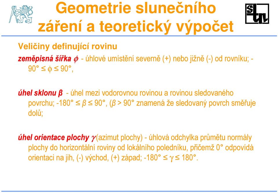 (β > 90 znamená že sledovaný povrch směřuje dolů; úhel orientace plochy γ (azimut plochy) - úhlová odchylka průmětu normály
