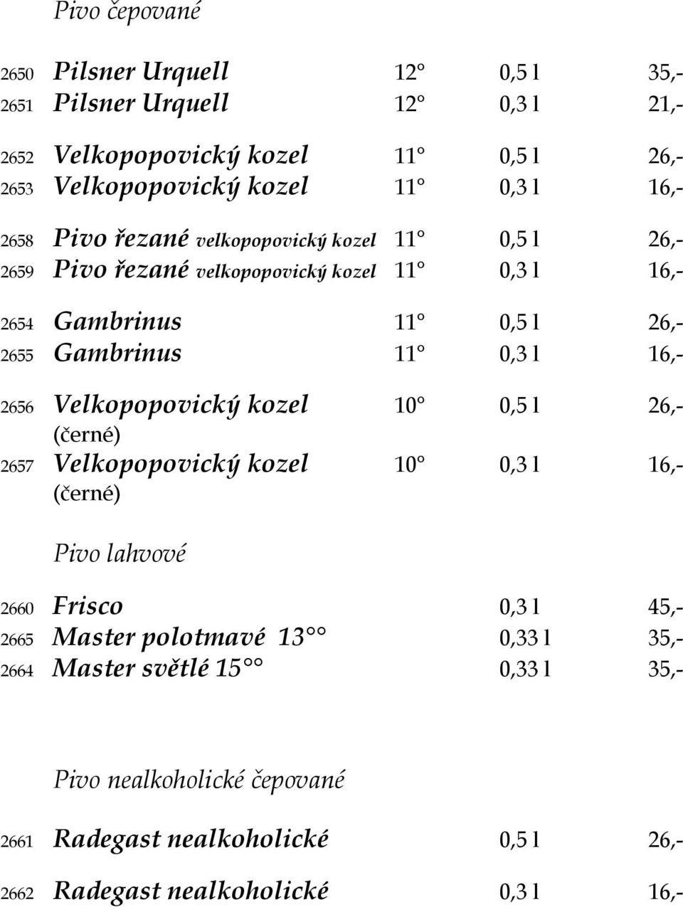 0,3 l 16,- 2656 Velkopopovický kozel 10 0,5 l 26,- (černé) 2657 Velkopopovický kozel 10 0,3 l 16,- (černé) Pivo lahvové 2660 Frisco 0,3 l 45,- 2665 Master