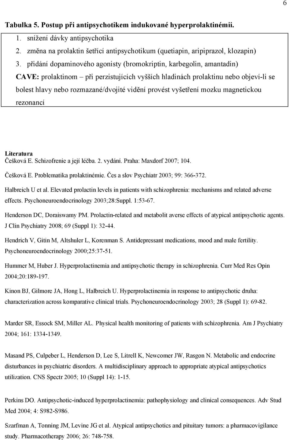 provést vyšetření mozku magnetickou rezonancí Literatura Češková E. Schizofrenie a její léčba. 2. vydání. Praha: Maxdorf 2007; 104. Češková E. Problematika prolaktinémie.