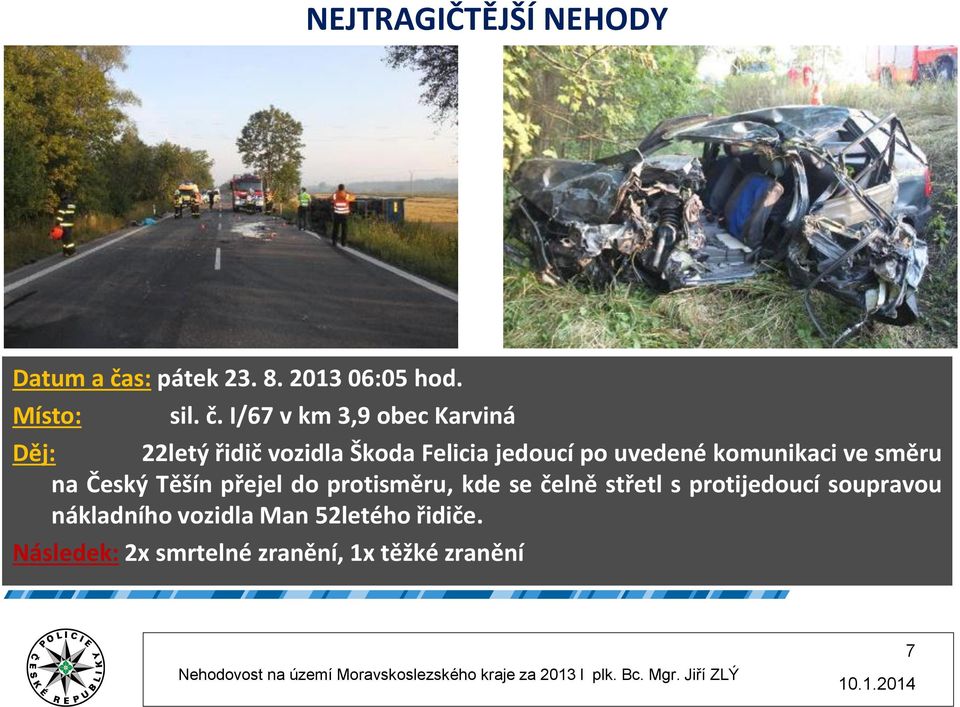 I/67 v km 3,9 obec Karviná Děj: 22letý řidič vozidla Škoda Felicia jedoucí po uvedené