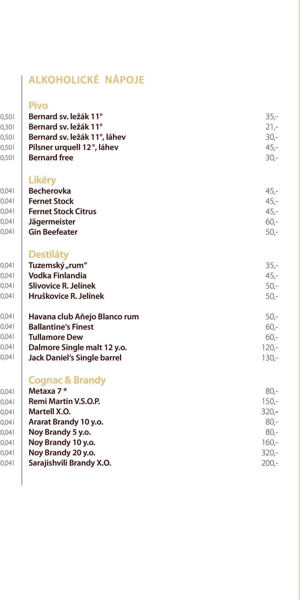 Tuzemský rum 35,- Vodka Finlandia 45,- Slivovice R. Jelínek 50,- Hruškovice R.