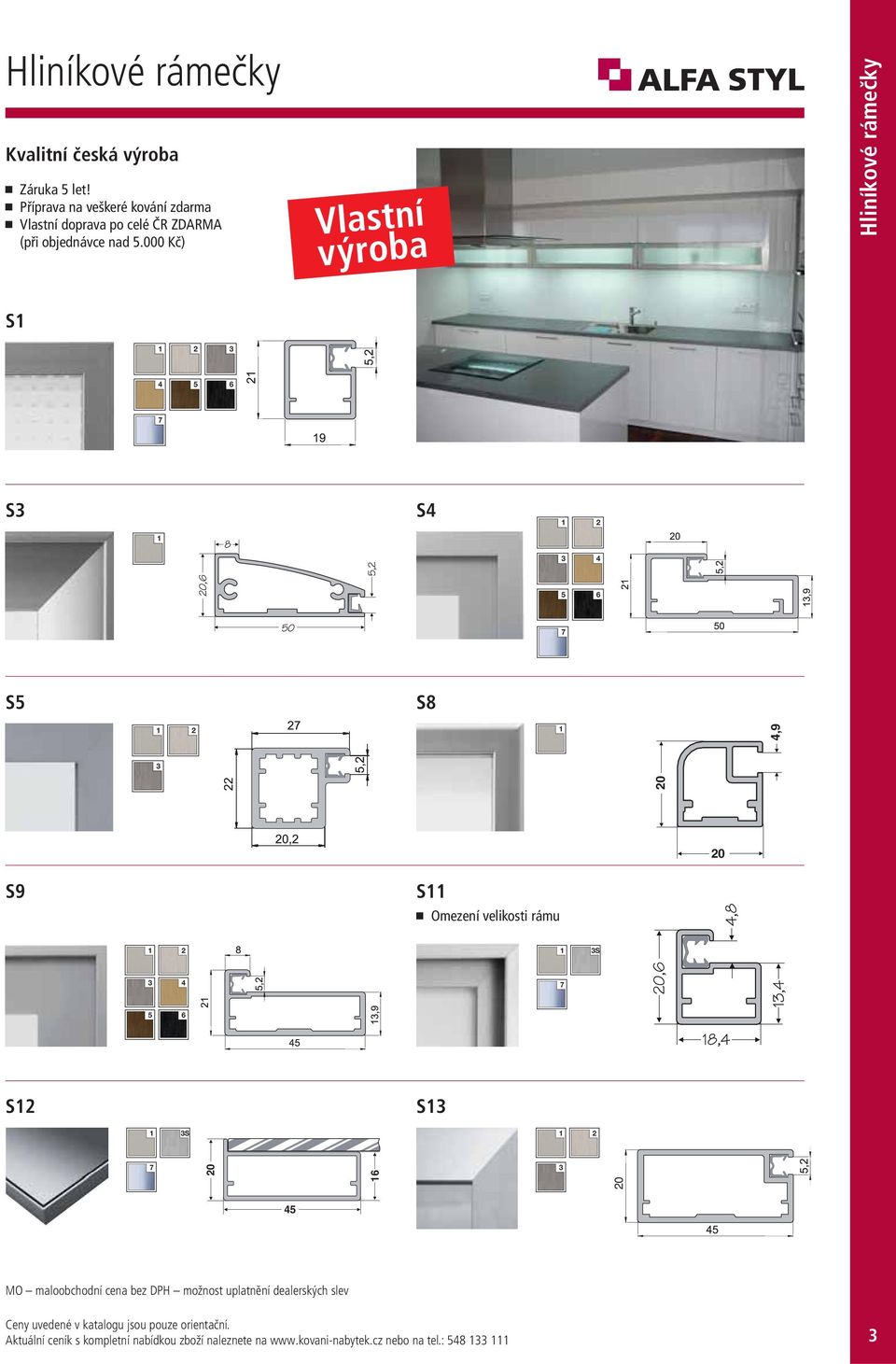 000 Kč) Vlastní výroba Hliníkové rámečky S1 1 2 3 4 5 6 7 S3 S4 1 2 1 3 4 5 6 7 S5 S8 1 2 1 4,9 3 20 20 S9 S11 Omezení velikosti rámu 1