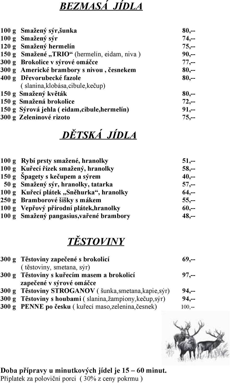 91,-- 300 g Zeleninové rizoto 75,-- DĚTSKÁ JÍDLA 100 g Rybí prsty smažené, hranolky 51,-- 100 g Kuřecí řízek smažený, hranolky 58,-- 150 g Špagety s kečupem a sýrem 40,-- 50 g Smažený sýr, hranolky,