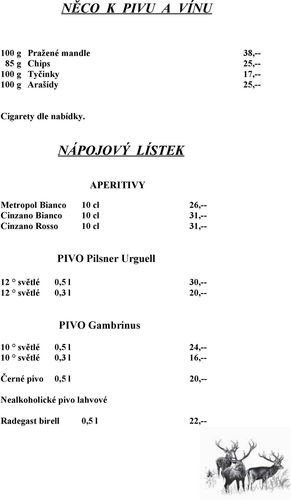 NÁPOJOVÝ LÍSTEK APERITIVY Metropol Bianco 10 cl 26,-- Cinzano Bianco 10 cl 31,-- Cinzano Rosso 10 cl 31,--