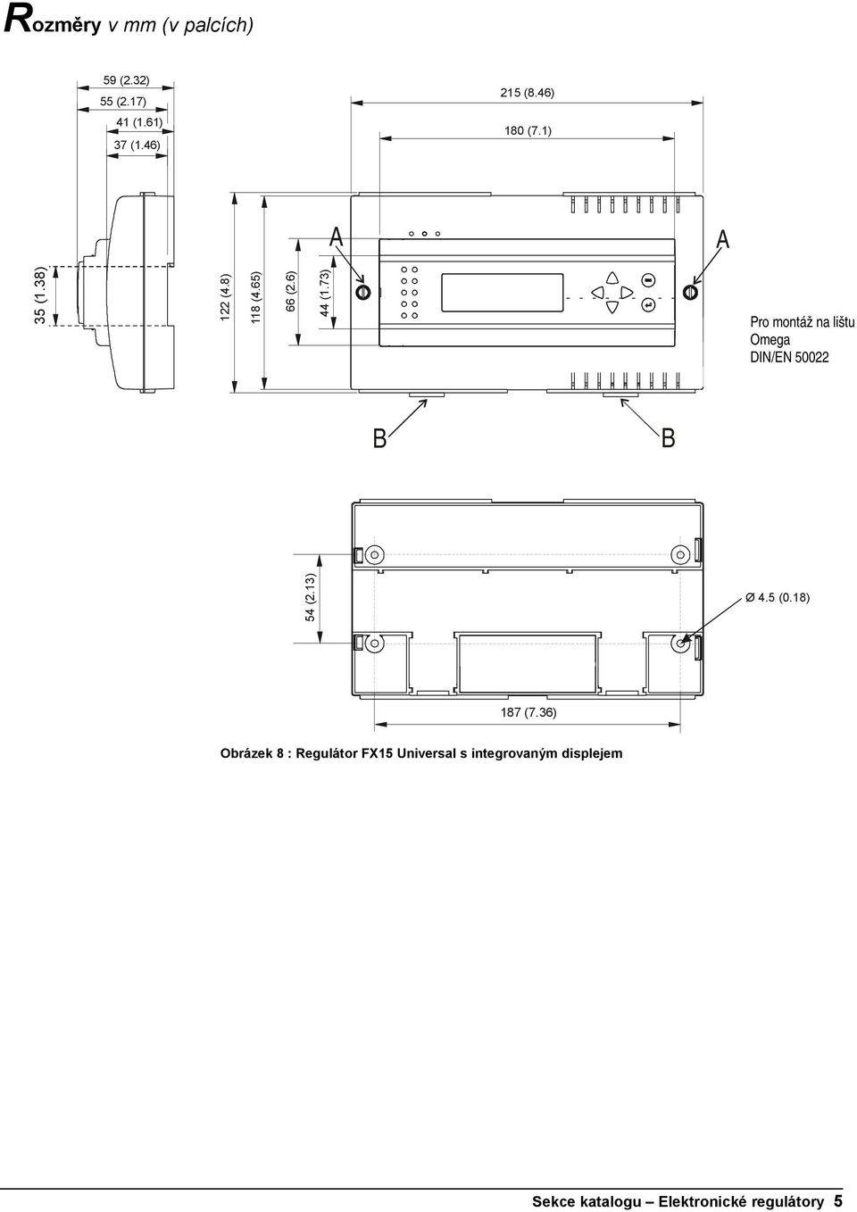 73) Pro montáž na lištu Omega DIN/EN 50022 B B 54 (2.13) Ø 4.5 (0.18) 187 (7.