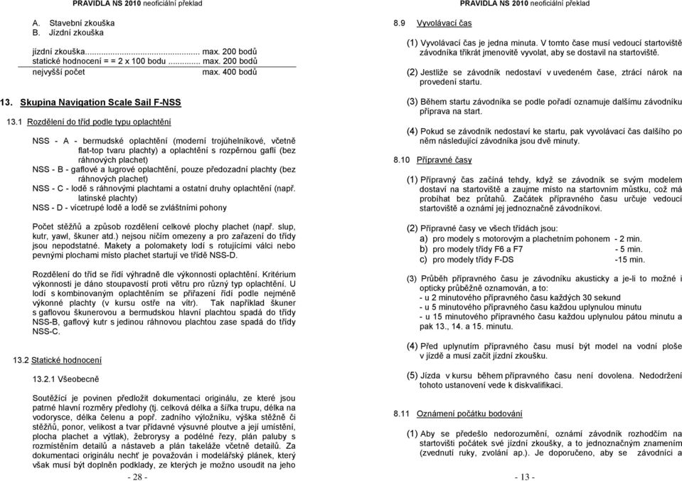 gaflové a lugrové oplachtění, pouze předozadní plachty (bez ráhnových plachet) NSS - C - lodě s ráhnovými plachtami a ostatní druhy oplachtění (např.