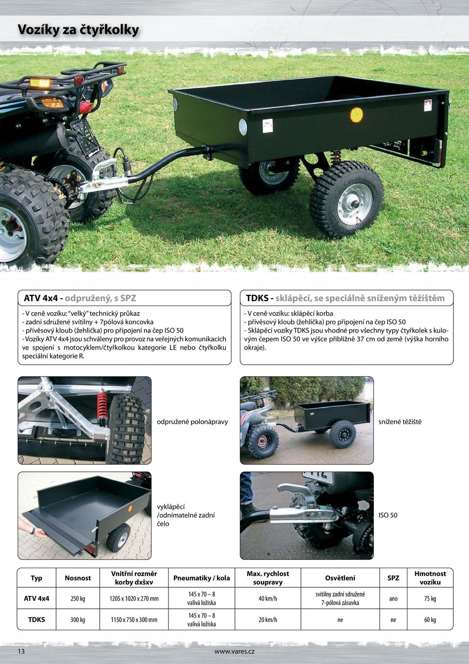 TDKS - sklápěcí, se speciálně sníženým těžištěm - V ceně vozíku: sklápěcí korba - přívěsový kloub (žehlička) pro připojení na čep ISO 50 - Sklápěcí vozíky TDKS jsou vhodné pro všechny typy čtyřkolek