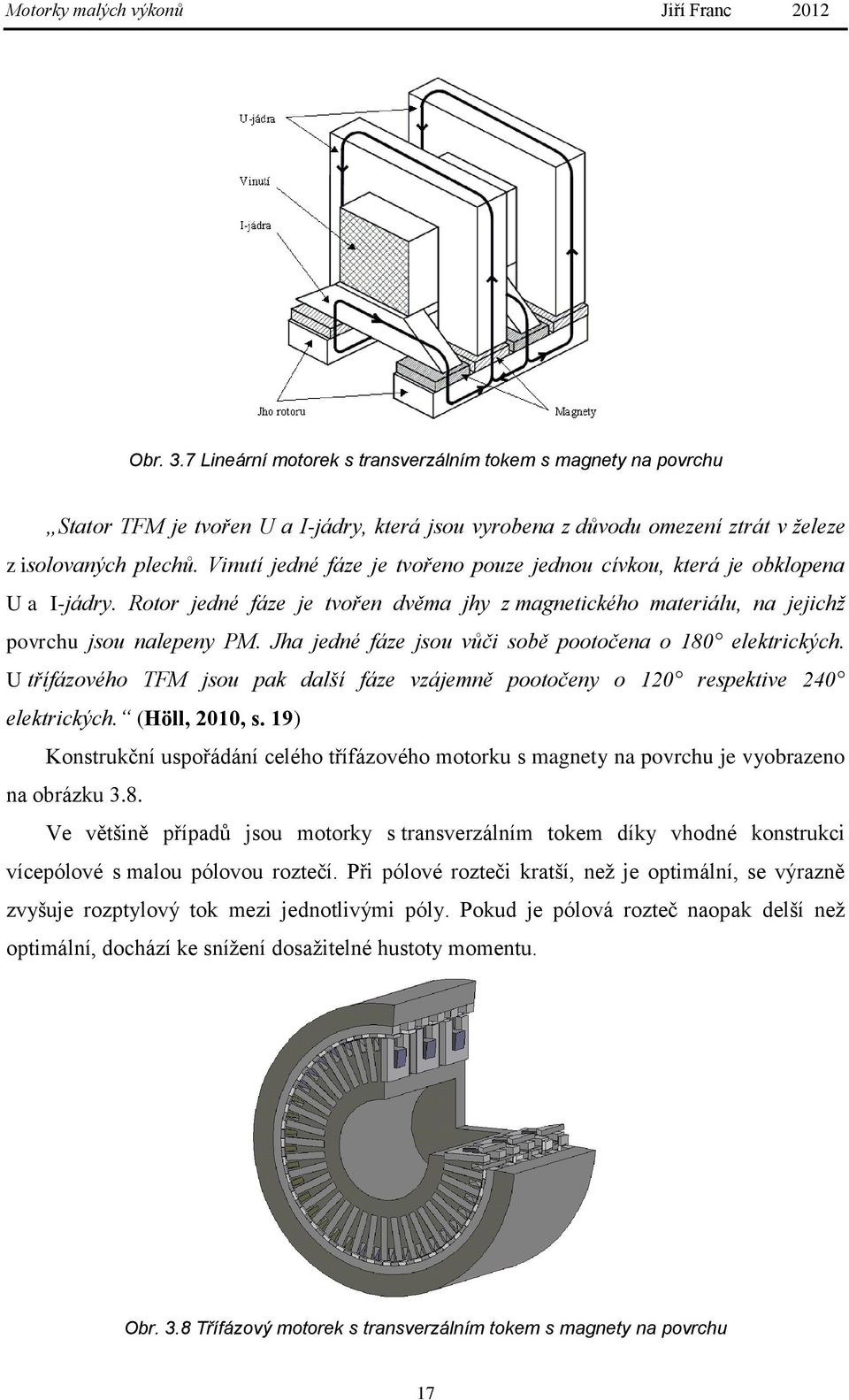 Jha jedné fáze jsou vůči sobě pootočena o 180 elektrických. U třífázového TFM jsou pak další fáze vzájemně pootočeny o 120 respektive 240 elektrických. (Höll, 2010, s.