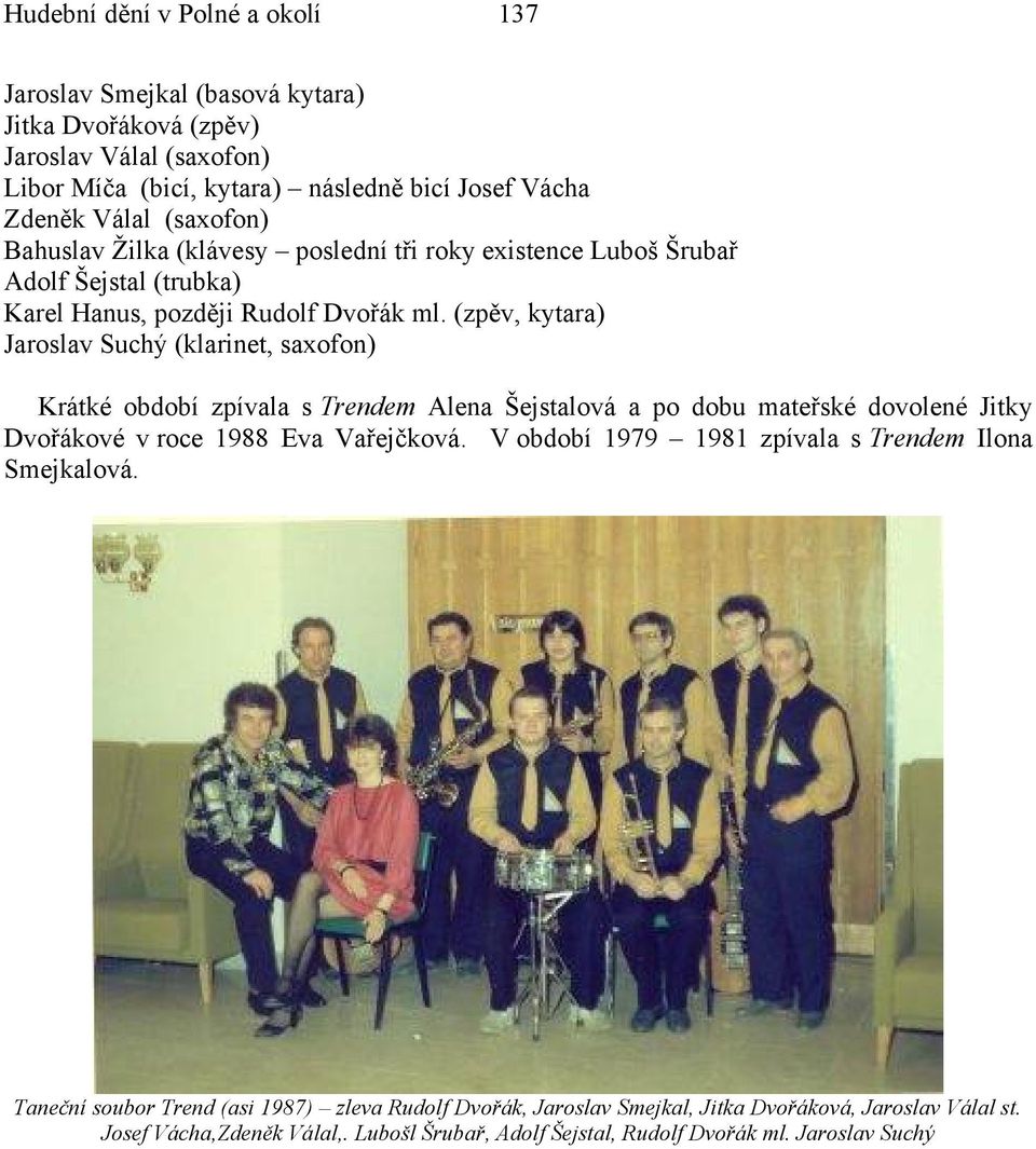 (zpěv, kytara) Jaroslav Suchý (klarinet, saxofon) Krátké období zpívala s Trendem Alena Šejstalová a po dobu mateřské dovolené Jitky Dvořákové v roce 1988 Eva Vařejčková.